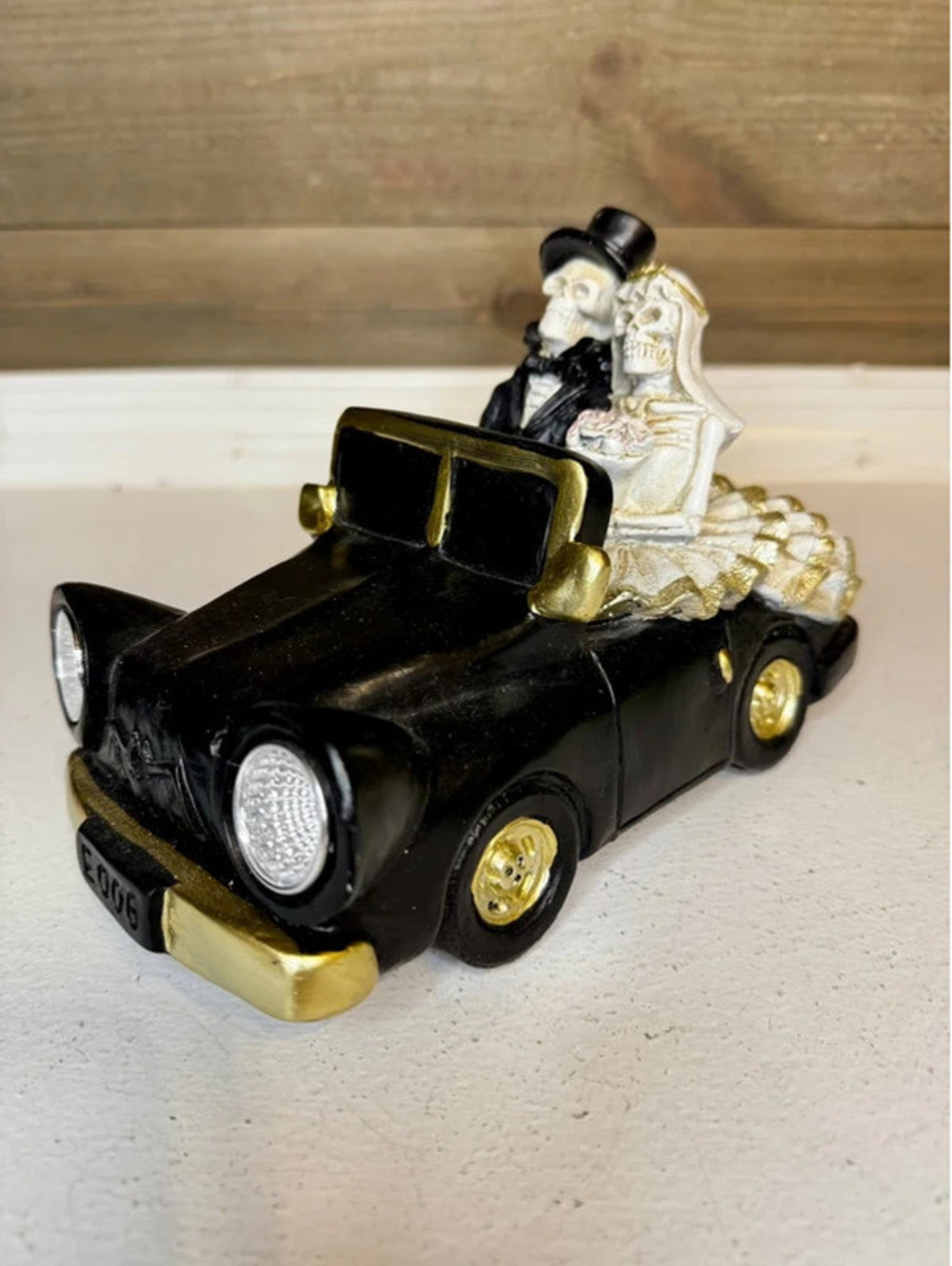 Skeleton Bride and Groom in Black Car - Light Up Headlights 7.5"